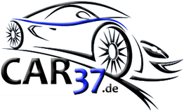 Auto-Skizze mit Logo "CAR37.de" in Schwarz und Blau.