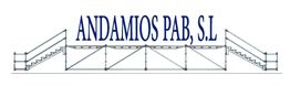 Texto "ANDAMIOS PAB, S.L." sobre un gráfico de andamios con escaleras a los lados.