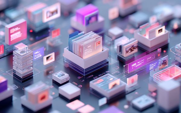 Illustration eines modernen Object-Storage-Systems mit Cloud-Speicher, Fotos, Videos und Dokumenten, die als Objekte mit eindeutigen IDs organisiert sind. Darstellung von schneller Datenzugänglichkeit, Metadatenverwaltung und KI-Integration.