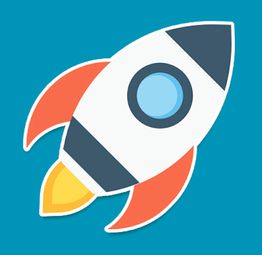 Ilustración de un cohete blanco con detalles azul y naranja sobre fondo azul.