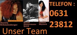 Drei Fotos von Teammitgliedern mit dem Text "Unser Team" und einer Telefonnummer.
