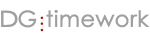 Logo mit der Aufschrift "DG:timework" in grauer Schrift und roten Punkten.