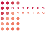 Logo mit roten Punkten und dem Text "DREBERG DESIGN" in modernen Buchstaben.