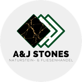Logo von A&J Stones, Naturstein- und Fliesenhandel, mit stilisierten Kacheln in grün und schwarz.