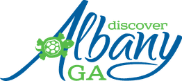 "Discover Albany GA logo with a green turtle incorporated into the design."