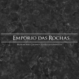 Fundo de mármore preto com o texto "Emporio das Rochas, Mármores, Granitos e Revestimentos".