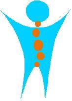 Blaues Männchen mit ausgestreckten Armen und fünf orangefarbenen Kreisen entlang des Rückens.