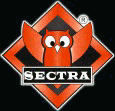 Rotes Eulenlogo mit der Aufschrift "SECTRA" in einem rautenförmigen Rahmen.