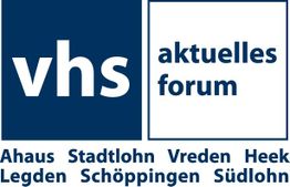 Logo der VHS aktuelles forum mit Städtenamen: Ahaus, Stadtlohn, Vreden, Heek, Legden, Schöppingen, Südlohn.