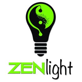 Lampadina con simbolo Yin Yang verde e scritta "ZENlight".