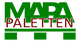 Grünes Logo mit Schriftzug "MAJA PALETTEN" in Rot, darunter stilisierte Palettengrafik.