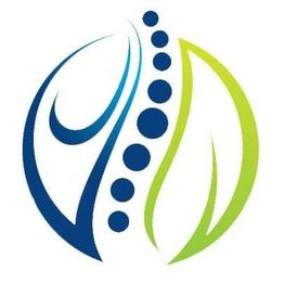 Abstracte blauwe en groene symboolvorm met cirkels en lijnen, lijkt op een ruggengraat.