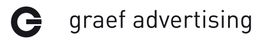 Logo mit einem stilisierten "G" und dem Text "graef advertising" in schwarzer Schrift.