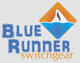 Blue Runner Switchgear logo with a mountain and wave design in orange and blue.