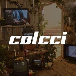 Espaço com decoração rústica, plantas e televisões. Logo "Colcci" em destaque.