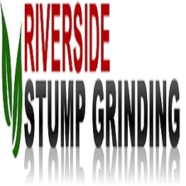 "Riverside Stump Grinding" text logo with green leaf accents, reflected below.