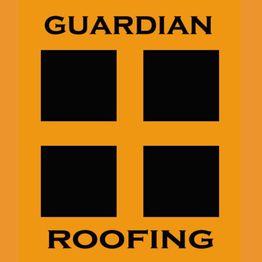 Guardian Roofing logo: four black squares on an orange background with text above and below.
