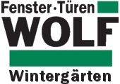 Logo: Fenster, Türen, Wintergärten WOLF, schwarz-grün gestaltet.