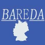 Blauer Hintergrund mit dem weißen Schriftzug "BAREDA" und Umriss von Deutschland.
