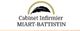 Logo avec texte "Cabinet Infirmier MIART-BATTISTIN" et plume noire sous un arc doré.