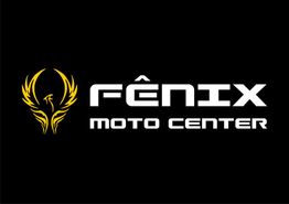 Logotipo Fênix Moto Center com uma fênix amarela estilizada à esquerda. Fundo preto.