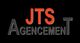 Texte "JTS Agencement", lettres noires et rouges sur fond noir.