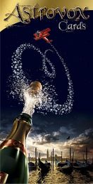 Fliegendes Flugzeug malt Herz im Himmel, während Champagner sprudelt, mit Astrovox-Schriftzug.