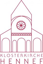Linienzeichnung der Klosterkirche Hennef mit Rosettenfenster und Schriftzug.