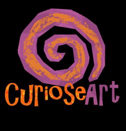 Espiral púrpura con "CurioseArt" en letras naranjas y púrpuras sobre fondo negro.