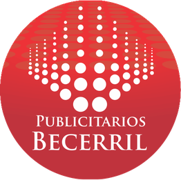 Logotipo de Publicitarios Becerril con diseño de puntos blancos y fondo rojo.