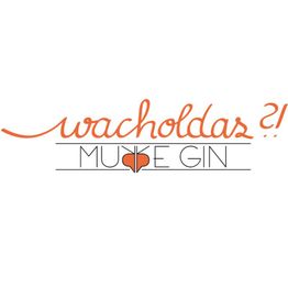 Text „wacholdas?! MUXBE GIN“ mit Herzsymbol in der Mitte, modern gestaltet.