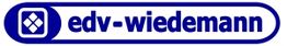 Logo von edv-wiedemann mit blauem Text und einem grafischen Symbol links im Kreis.