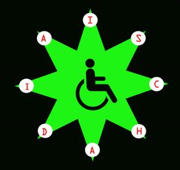 Estrella verde con símbolo de discapacidad en el centro y letras A, I, S, C, H y D alrededor.