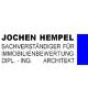 Visitenkarte mit schwarzem Text: "JOCHEN HEMPEL, Sachverständiger für Immobilienbewertung, Dipl.-Ing. Architekt".