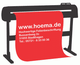 Plotter mit roter Folie, Text: "www.hoema.de, Folienbeschriftung, Adresse und Telefonnummer".