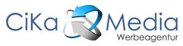 Logo der CiKa Media Werbeagentur mit blauen und grauen Pfeilen zwischen den Wörtern.