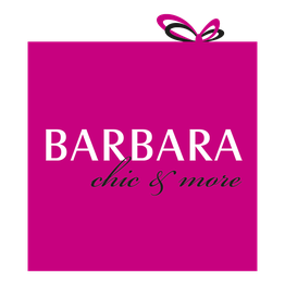 Magenta Geschenkbox mit der Aufschrift "BARBARA chic & more" in Weiß und Schwarz.