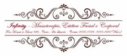 Design ornamental com texto: "Infinity - Massoterapia, Estética Facial e Corporal" e informações de contato.