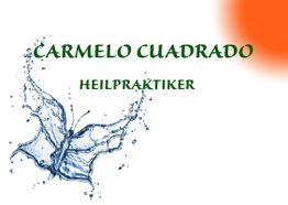 Schmetterlingsplash mit Text "Carmelo Cuadrado, Heilpraktiker" und orange Ecke oben rechts.