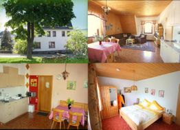 Haus mit Garten, gemütliches Wohnzimmer, helle Küche mit Essbereich, Schlafzimmer mit Doppelbett.