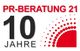 "PR-Beratungslogo: 10 Jahre Jubiläum mit roten Punkten und Halbkreis."