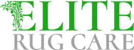 "Elite Rug Care logo with green and gray lettering, featuring a decorative plant motif."