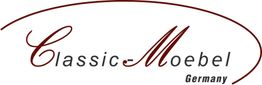 Logo mit rotem Schriftzug: "Classic-Moebel Germany". Elegante, schwungvolle Buchstaben.