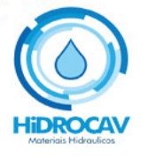 Logotipo azul da Hidrocav com gota d'água ao centro. Texto: "Materiais Hidráulicos".
