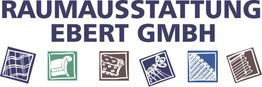 Raumausstattung Ebert GmbH-Logo mit Symbolen: Gardine, Sessel, Tapete, Bodenbelag, Laminat, Jalousie.