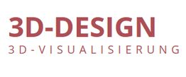 Text "3D-DESIGN" und "3D-VISUALISIERUNG" in roter Schrift auf weißem Hintergrund.