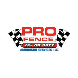 Pro Fence logo with checkered flags and contact info: 715-781-0822, Amundson Services LLC.