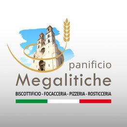 Logo di un panificio con una chiesa, spiga di grano e bandiera italiana. Scritta: Megalitiche.
