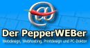 Logo mit Text: "Der PepperWEBer" und einem @-Symbol mit Pfeffer, blauer Hintergrund.