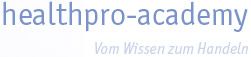 Text: "healthpro-academy: Vom Wissen zum Handeln" in blauer Schrift auf weißem Hintergrund.
